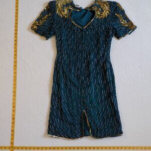 VTG Laurence Kazar Sequin Beaded Dress Eveningwear Gold 80s 100% Silk